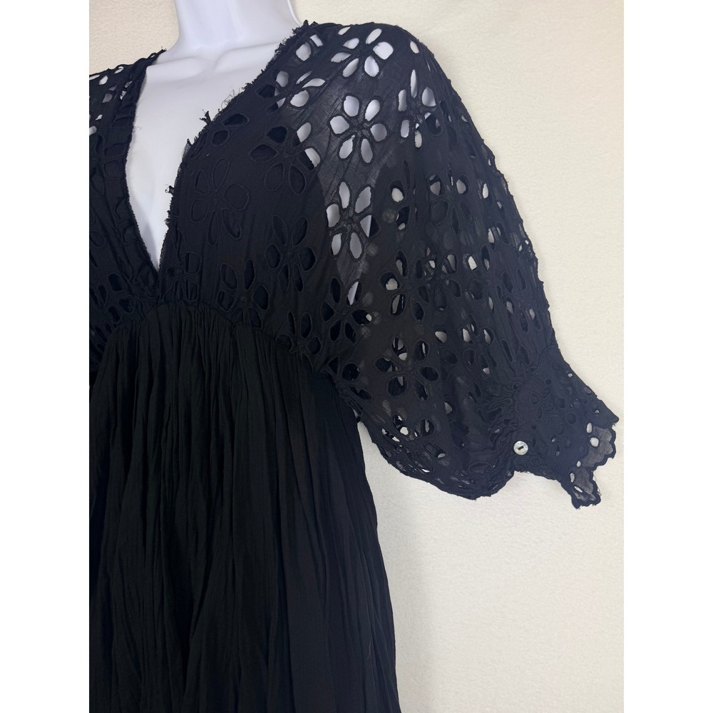 Free People Bella Note Black Eyelet Embroidered Gauze V-Neck Babydoll MiniDress - Picture 3 of 9